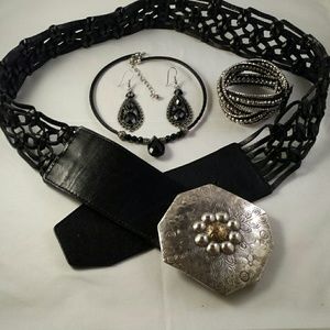 Set Black Leather Belt, Choker, Earrings, Bracelet